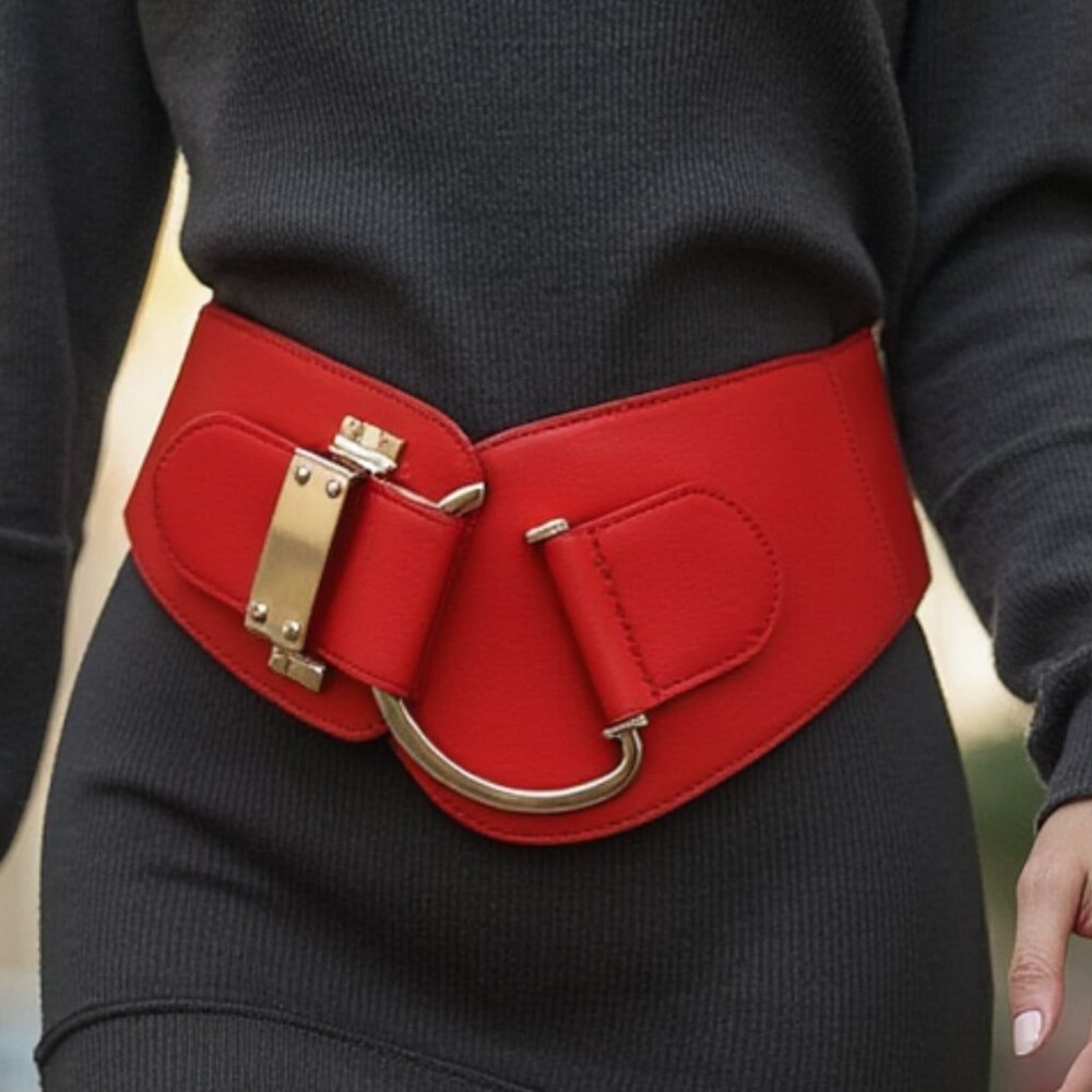 New Women True Blood Red Western Elastic Belt Gold Metal Hook Buckle Plus L/XL
